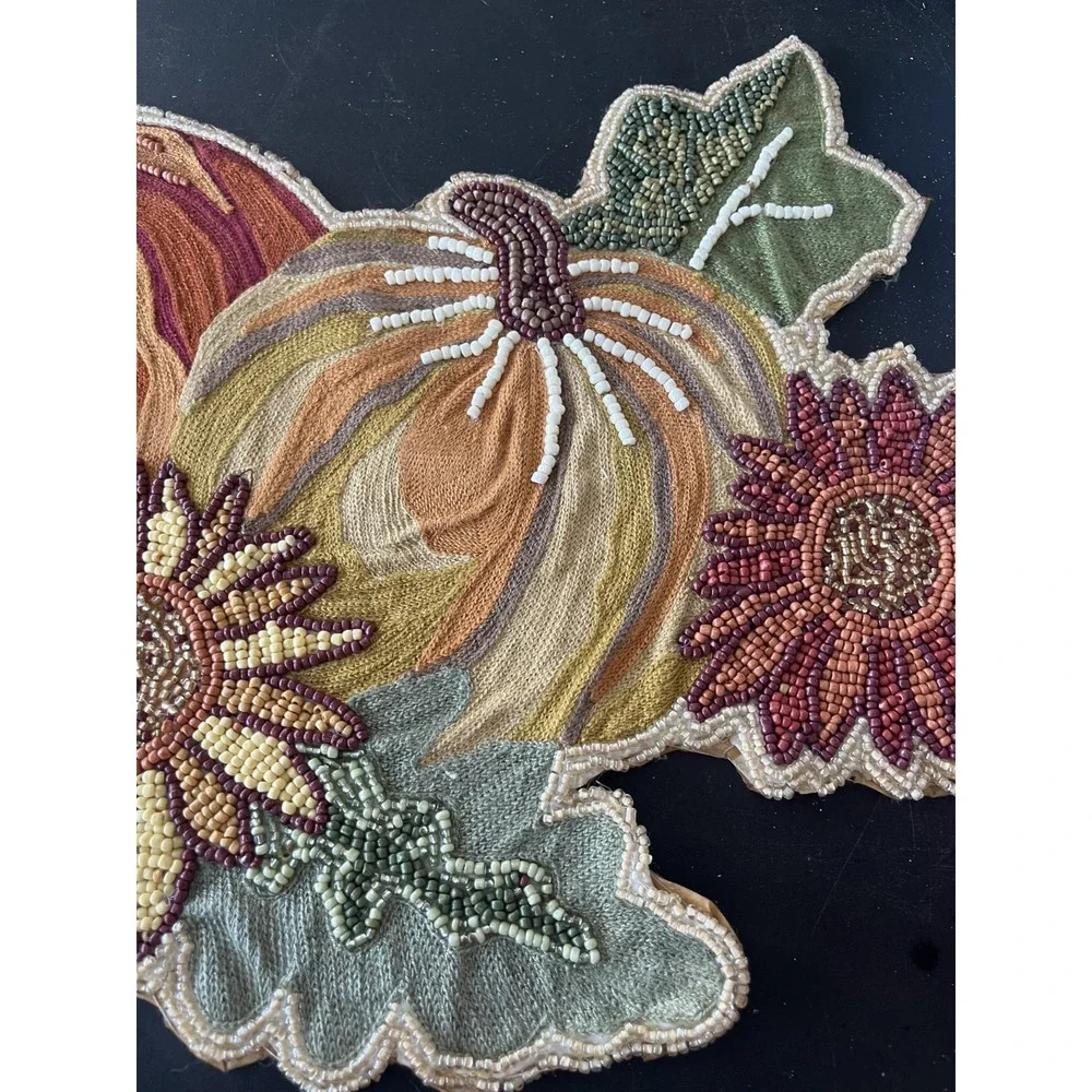 World Market Beaded Harvest Table Runner Fall Pumpkins Earthy Neutral Floral New